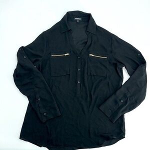 UEC Express black long sleeve Henley blouse gold zippers medium